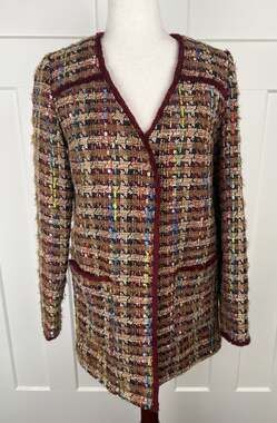 Ett:Twa Anthropologie Tweed Jacket XS Multicolor Fringe Long Fall Boho Coat